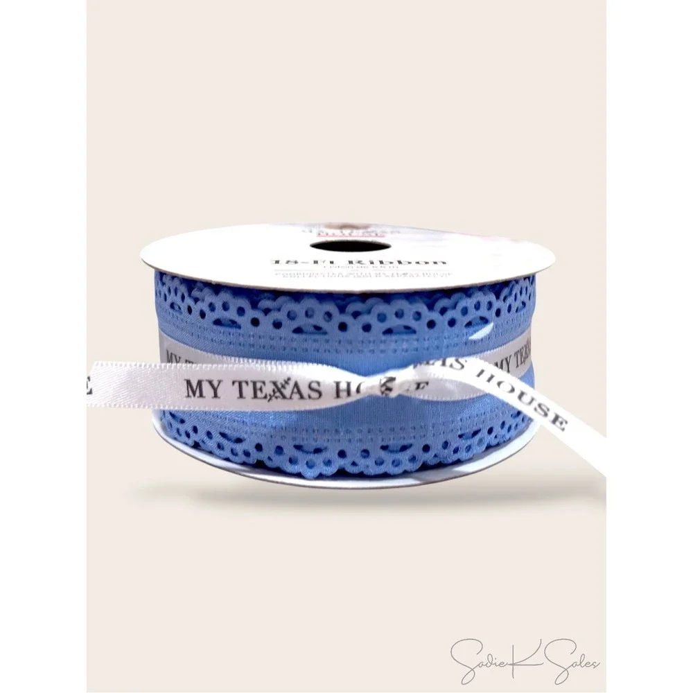My Texas House Blue Scalloped Ribbon 18ft Eyelet Americana Decor‎